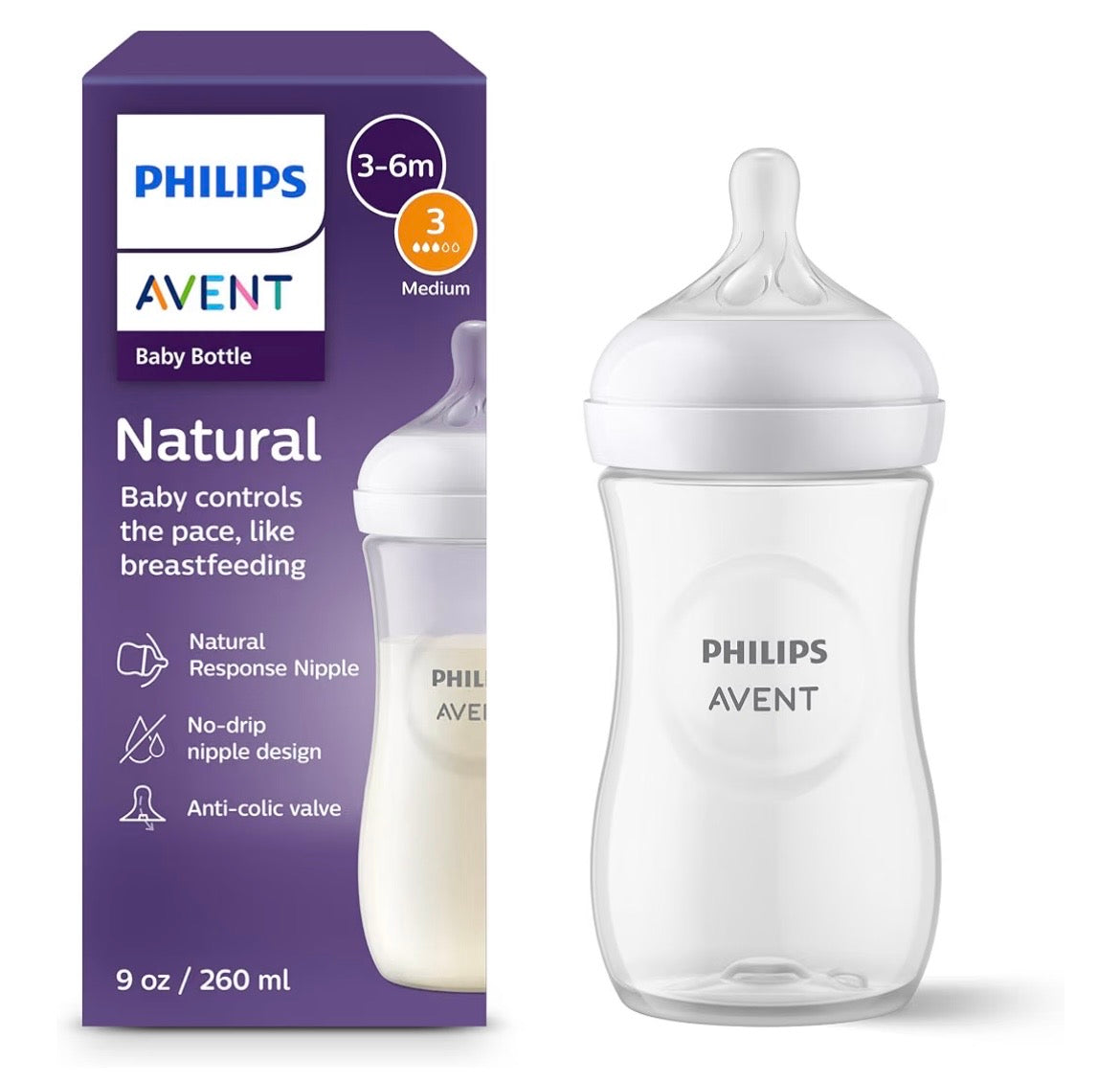 Philips Avent Natural Baby Bottle, Medium Flow, 9 oz, 1-Pack