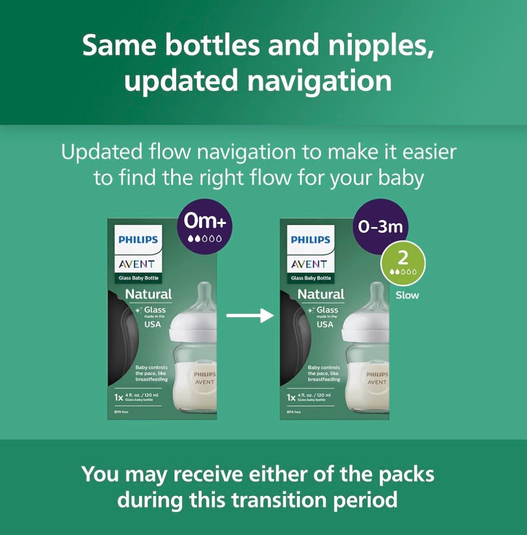 Philips Avent Natural Glass Baby Bottle, Flow 2 Slow, 120ml, 0-3m, 1-Pack