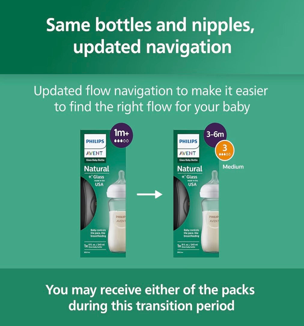 Philips Avent Natural Glass Baby Bottle, Flow 3 Medium, 240ml, 3-6m, 2-Pack