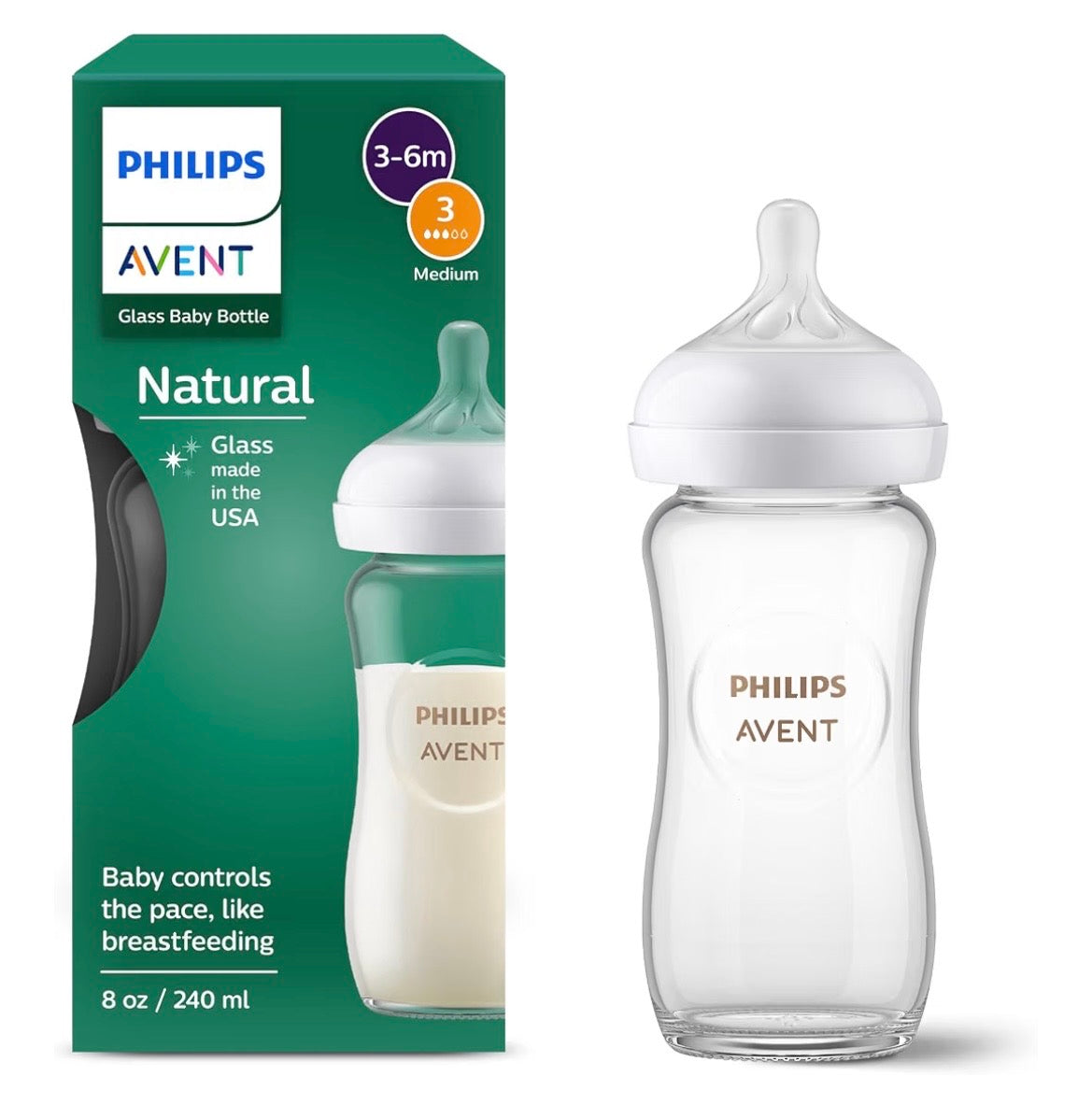 Philips Avent Natural Glass Baby Bottle, Medium Flow, 8 oz