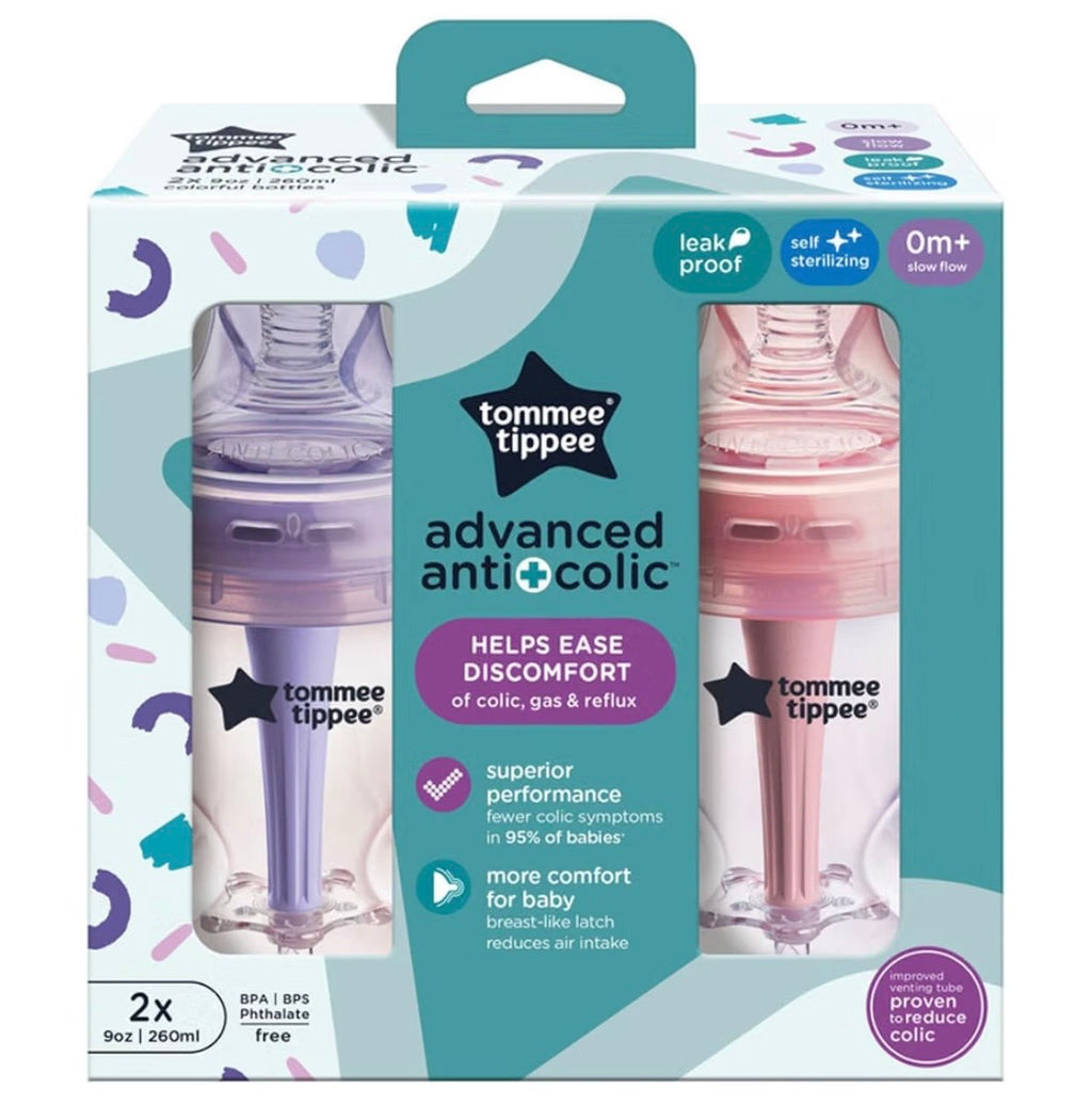Tommee Tippee advanced Anti-Colic 9 oz (260 ml) BPA Free Baby Bottles, 0+ Months, Slow flow, Pack of 2