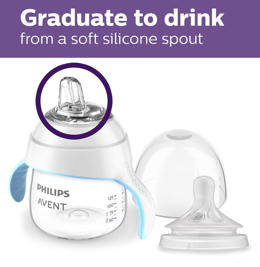 Philips avent Natural trainer cup, extra fast flow 5 / 150ml (6+) + normal nipple + soft silicon spout pack of 1 / easy sippy cup 260ml (9+)  + soft silicon spout blue/ green pack of 2