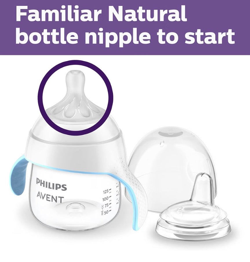Philips avent Natural trainer cup, extra fast flow 5 / 150ml (6+) + normal nipple + soft silicon spout pack of 1 / easy sippy cup 260ml (9+)  + soft silicon spout blue/ green pack of 2