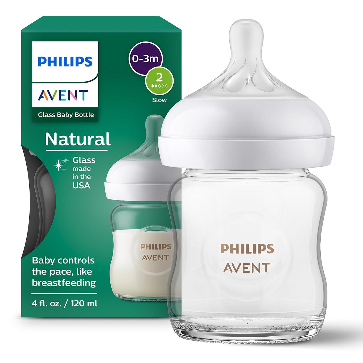 Philips Avent Natural Glass Baby Bottle, Flow 2 Slow, 120ml, 0-3m, 1-Pack
