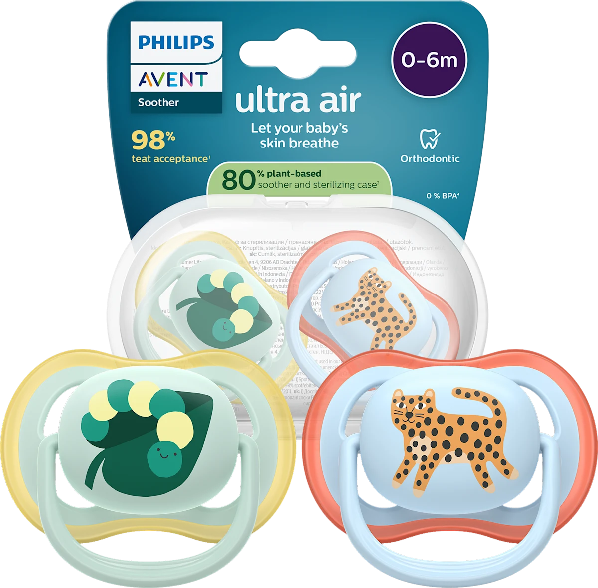 Philips Avent Ultra Air Baby Pacifier, 0-6 Months, BPA-Free, 2-Pack + sterilizing case