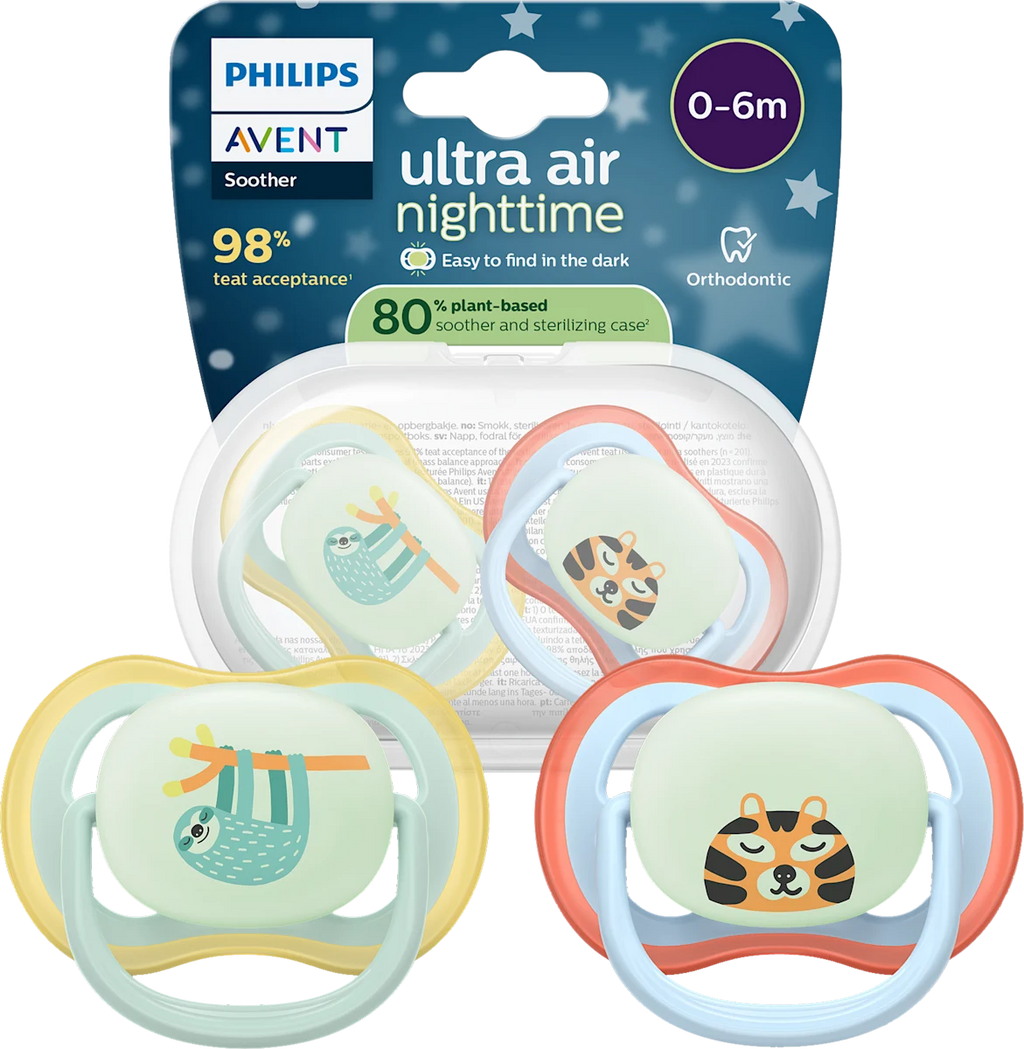 Philips Avent Ultra Air Nighttime Baby Pacifier, 0-6 Months, BPA-Free, 2-pack + sterilizing case