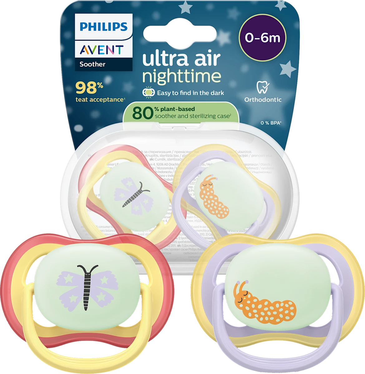 Philips Avent Ultra Air Day & Nighttime Baby Pacifier, 0-6 Months, Butterfly/Caterpillar, 1-Pack + Sterilizing Case