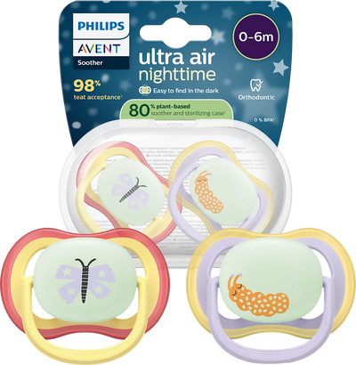 Philips Avent Ultra Air Day & Nighttime Baby Pacifier, 0-6 Months, Butterfly/Caterpillar, 1-Pack + Sterilizing Case