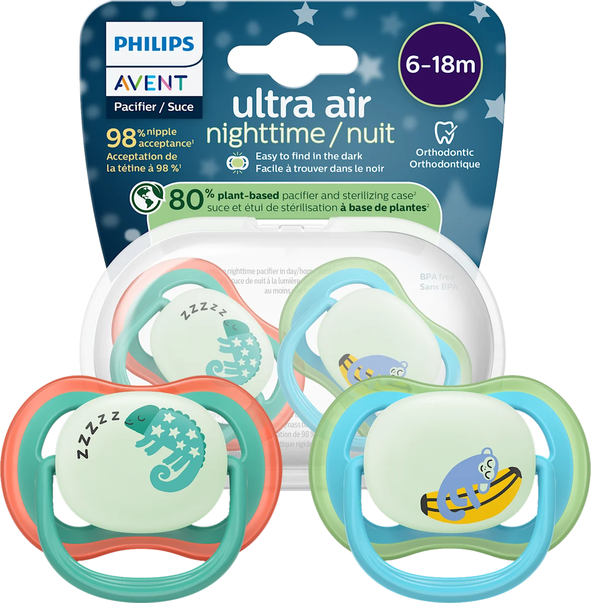 Philips Avent Ultra Air Nighttime Baby Pacifier, 6-18 Months, BPA-Free, 2-Pack + Sterilizing Case