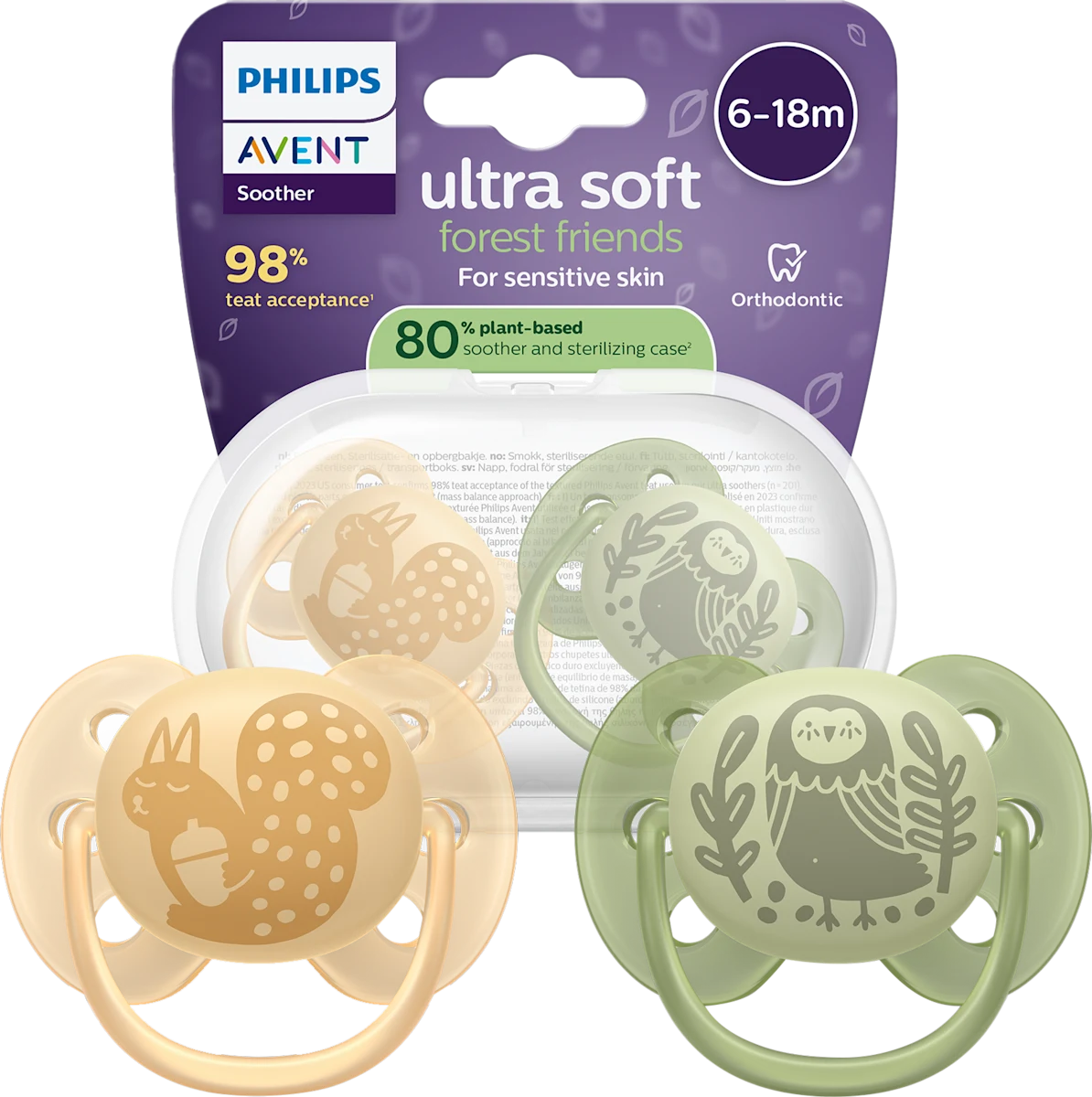 Philips Avent Ultra Soft Baby Pacifier, 6-18 Months , BPA-Free, 2-Pack+ Sterilizing Case