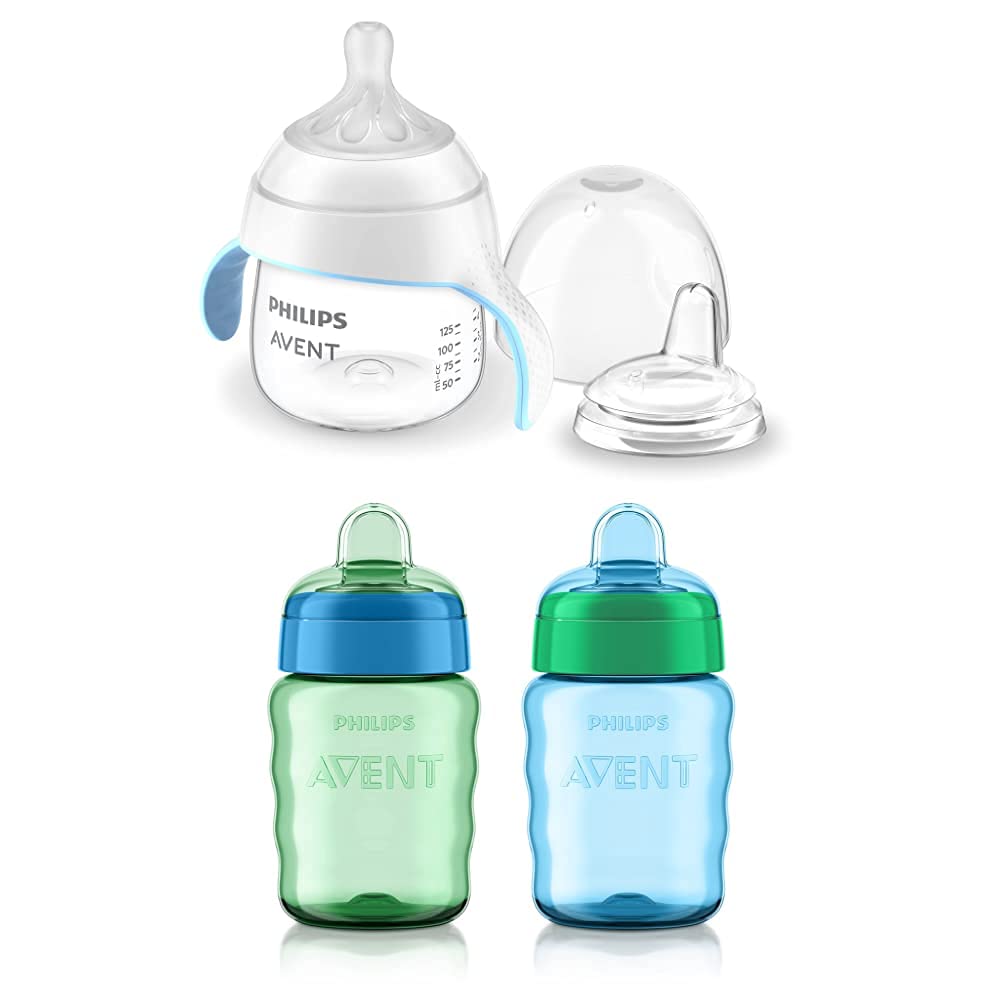 Philips avent Natural trainer cup, extra fast flow 5 / 150ml (6+) + normal nipple + soft silicon spout pack of 1 / easy sippy cup 260ml (9+)  + soft silicon spout blue/ green pack of 2