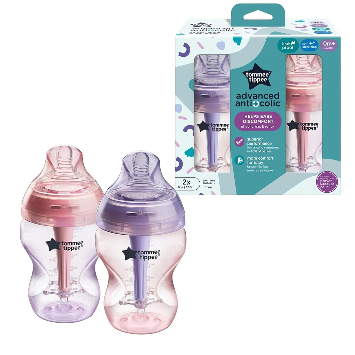 Tommee Tippee advanced Anti-Colic 9 oz (260 ml) BPA Free Baby Bottles, 0+ Months, Slow flow, Pack of 2